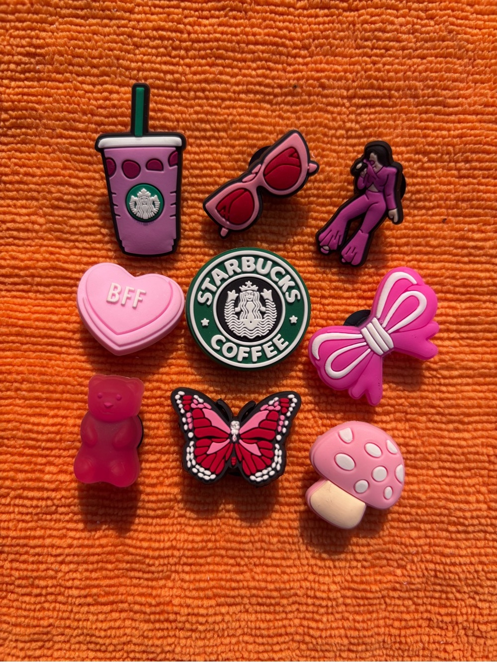 Shoe charms set of 9 including Starbucks, Butterfly & girly pink accents